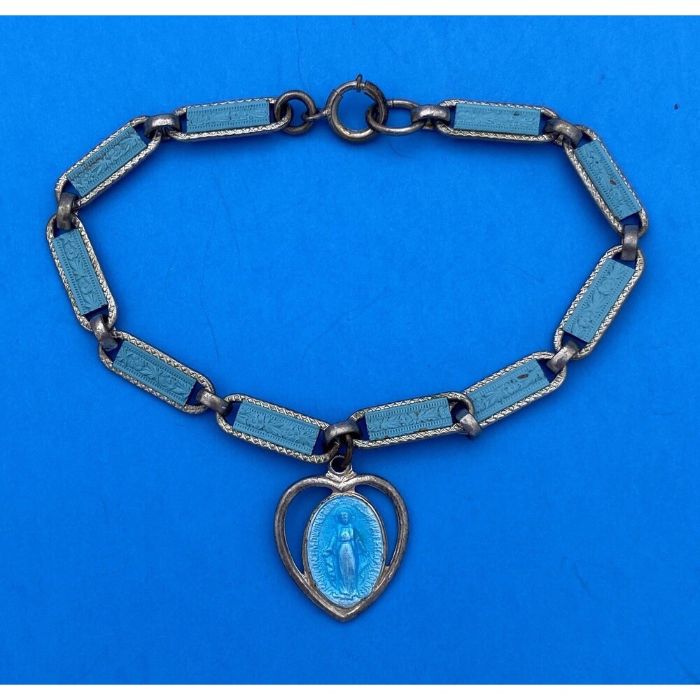 Vintage Virgin Mary Miraculous Medal Heart, Blue Enameled SilverTone Bracelet 7”